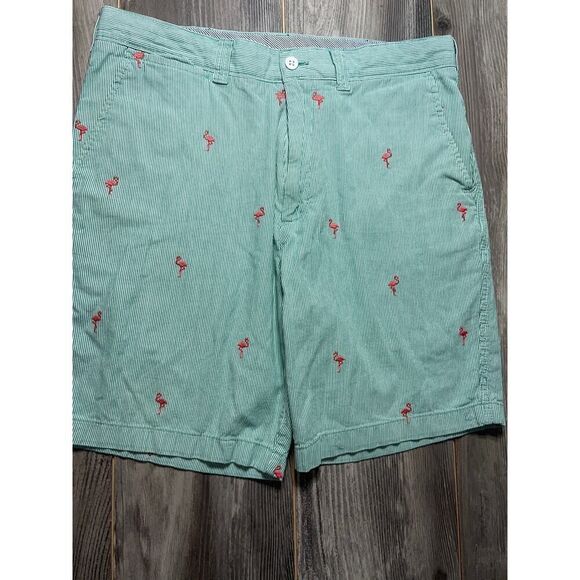 Cremieux Men's Madison Shorts 100% Cotton Striped Green Pink Flamingos size 33 - Picture 1 of 9
